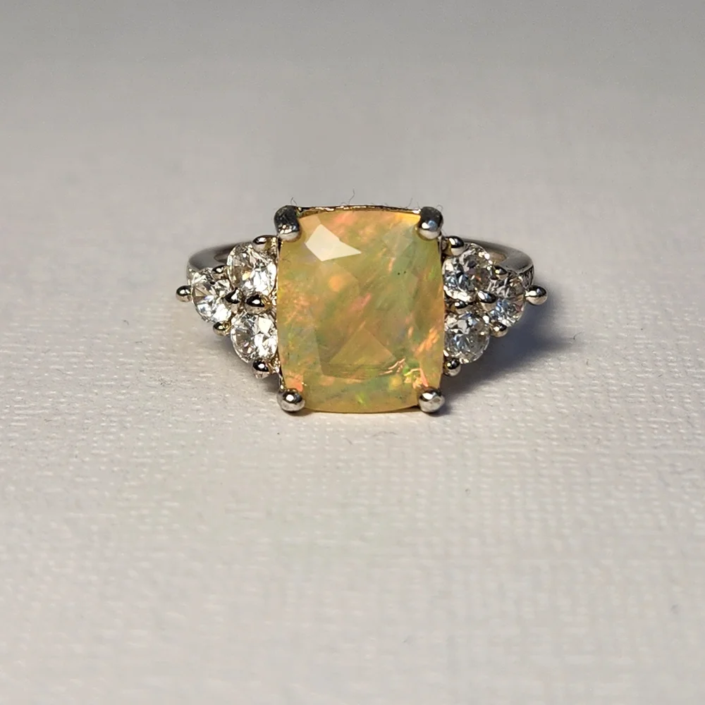 Genuine 2.05ct NATURAL Fiery Ethiopian Opal Wht Zircon 925 Ring Sz 7 VTG - Picture 11 of 15